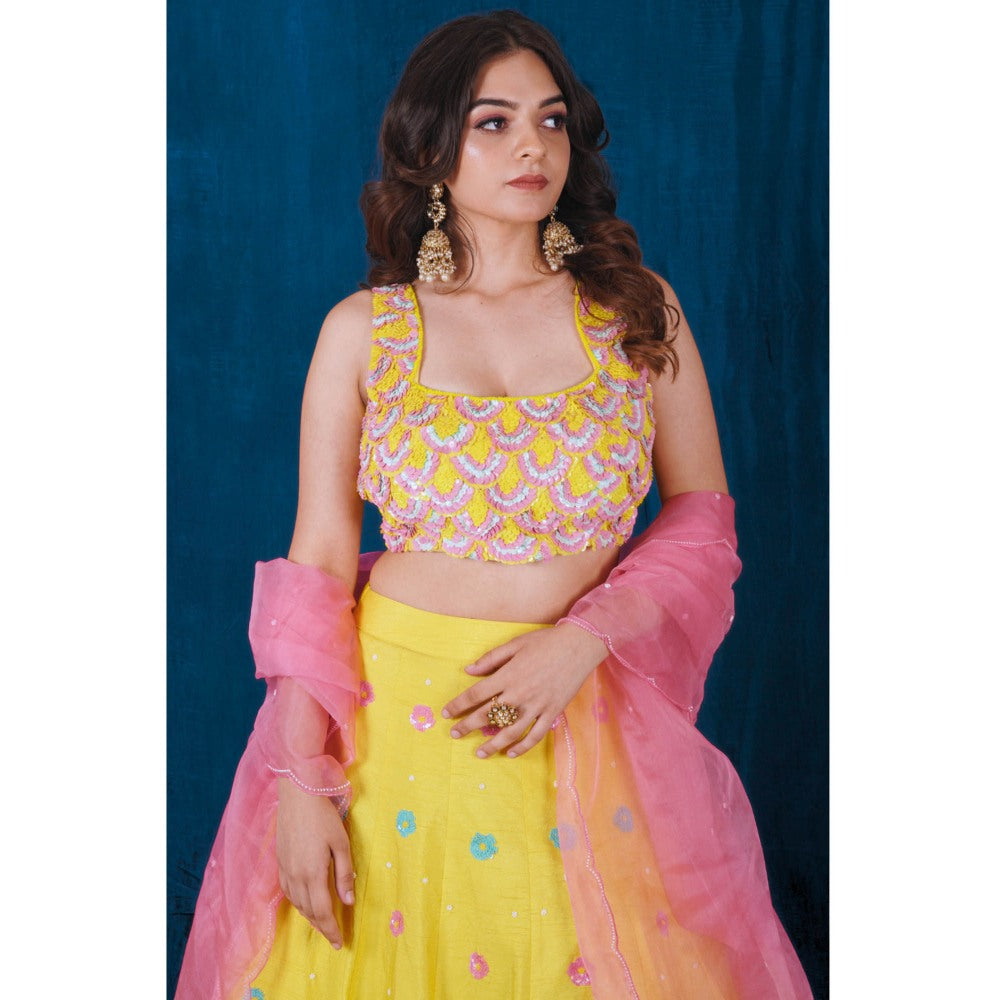 SAUBHAGYA Yellow Dupion Embellished Blouse with Lehenga and Dupatta (Set of 3)