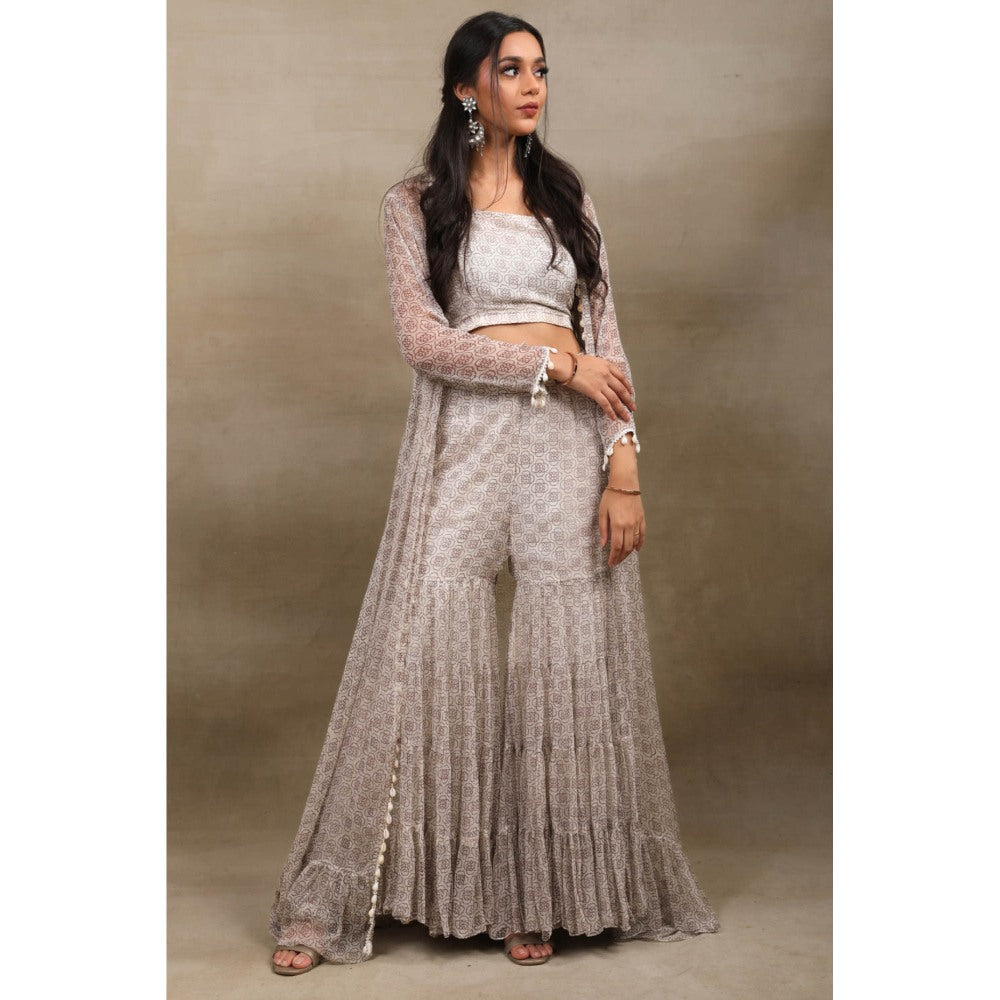 SAUBHAGYA Grey Hand Block Print Chiffon Blouse with Sharara and Cape (Set of 3)