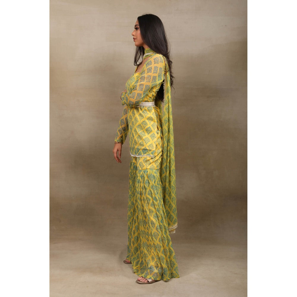SAUBHAGYA Yellow Hand Block Print Chiffon Kurta with Sharara and Dupatta Belt (Set of 4)