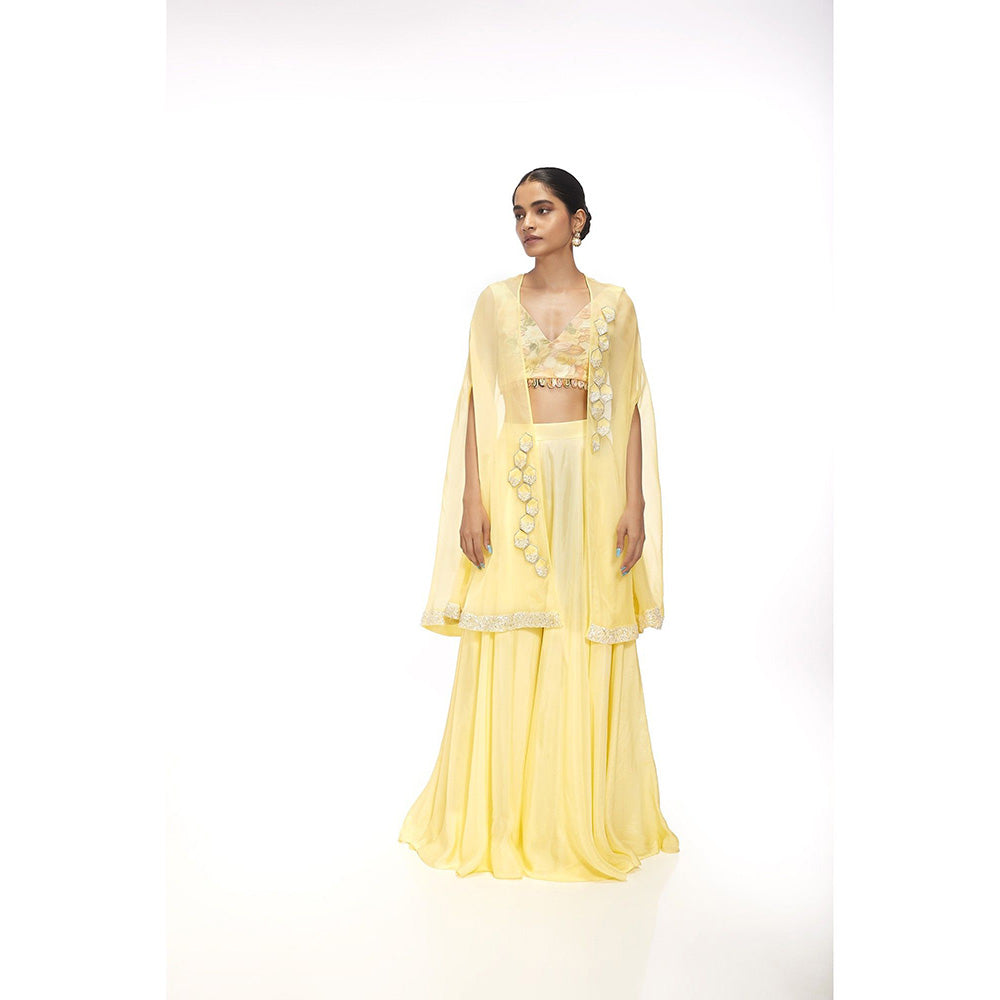 SAYAANIKA Zinnia Yellow Floral Embellished Cape with Blouse and Palazzo (Set of 3)