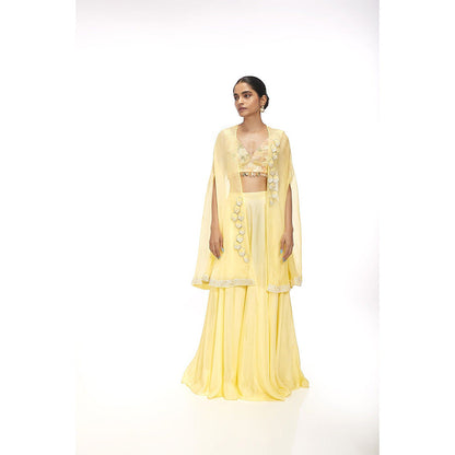 SAYAANIKA Zinnia Yellow Floral Embellished Cape with Blouse and Palazzo (Set of 3)
