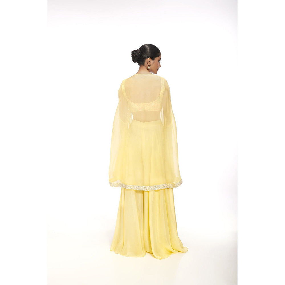 SAYAANIKA Zinnia Yellow Floral Embellished Cape with Blouse and Palazzo (Set of 3)