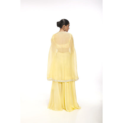 SAYAANIKA Zinnia Yellow Floral Embellished Cape with Blouse and Palazzo (Set of 3)