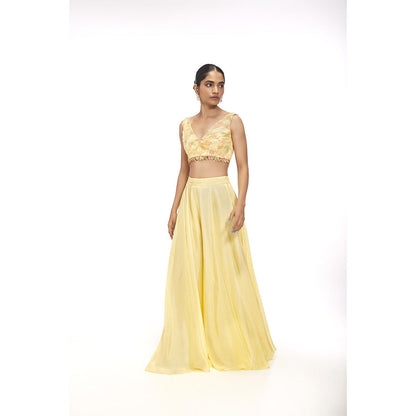 SAYAANIKA Zinnia Yellow Floral Embellished Cape with Blouse and Palazzo (Set of 3)