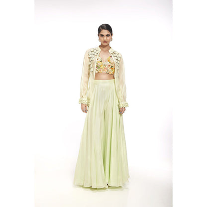 SAYAANIKA Clara Green Floral Embellished Jacket with Blouse and Palazzo (Set of 3)