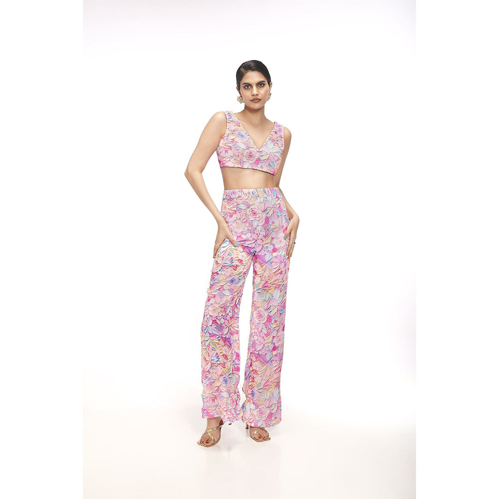 SAYAANIKA Heather Pink Floral Embellished Kurta with Bustier and Pant (Set of 3)