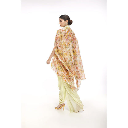 SAYAANIKA Ariel Yellow Floral Printed Blouse with Skirt and Cape (Set of 3)