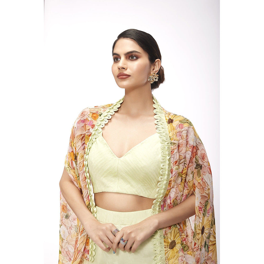 SAYAANIKA Ariel Yellow Floral Printed Blouse with Skirt and Cape (Set of 3)