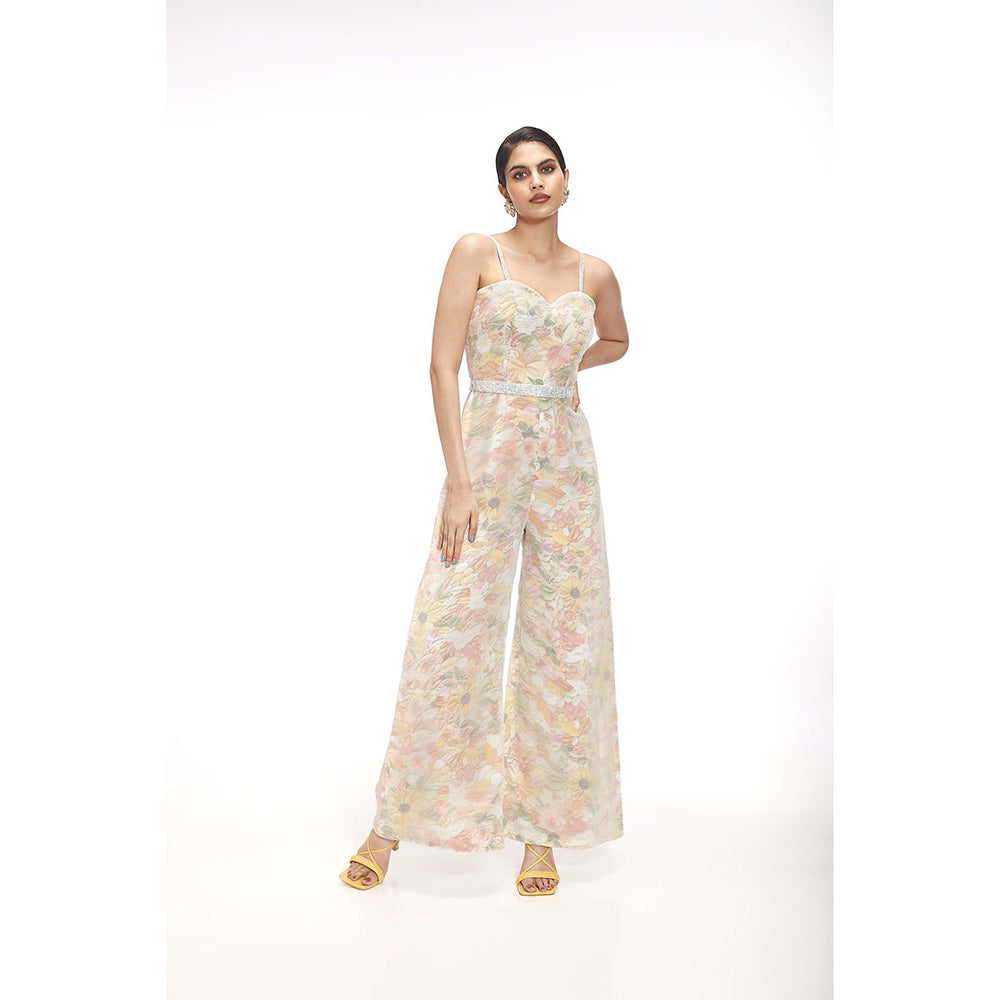 SAYAANIKA Yellow Floral Embellished Jumpsuit and Belt (Set of 2)