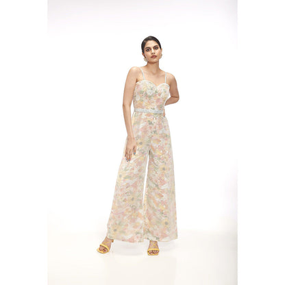 SAYAANIKA Yellow Floral Embellished Jumpsuit and Belt (Set of 2)