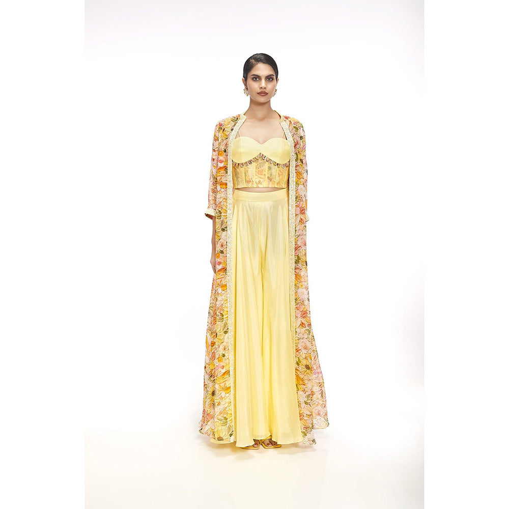SAYAANIKA Aster Yellow Floral Embellished Jacket with Blouse and Palazzo (Set of 3)