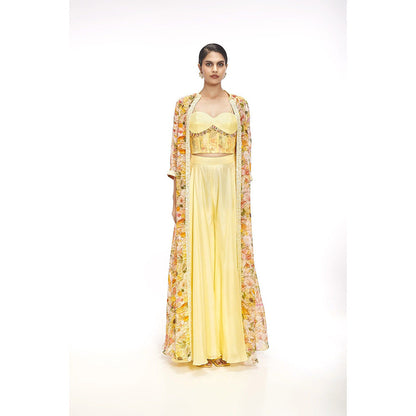 SAYAANIKA Aster Yellow Floral Embellished Jacket with Blouse and Palazzo (Set of 3)
