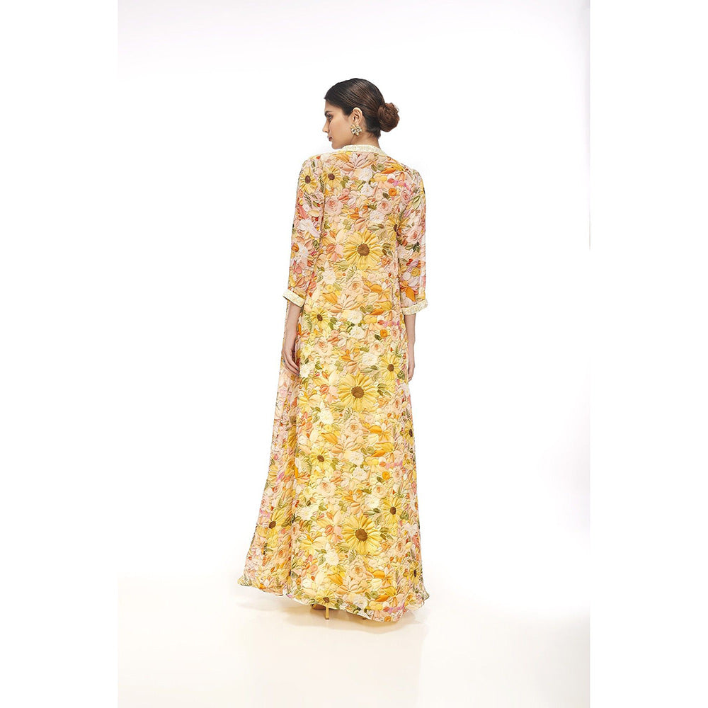 SAYAANIKA Aster Yellow Floral Embellished Jacket with Blouse and Palazzo (Set of 3)