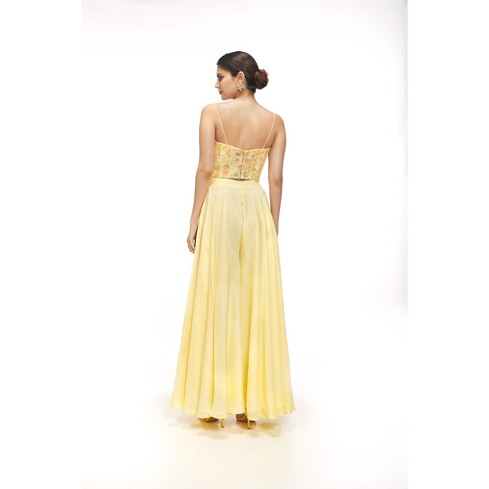 SAYAANIKA Aster Yellow Floral Embellished Jacket with Blouse and Palazzo (Set of 3)
