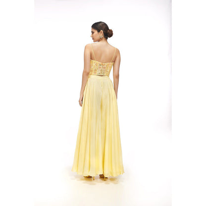 SAYAANIKA Aster Yellow Floral Embellished Jacket with Blouse and Palazzo (Set of 3)