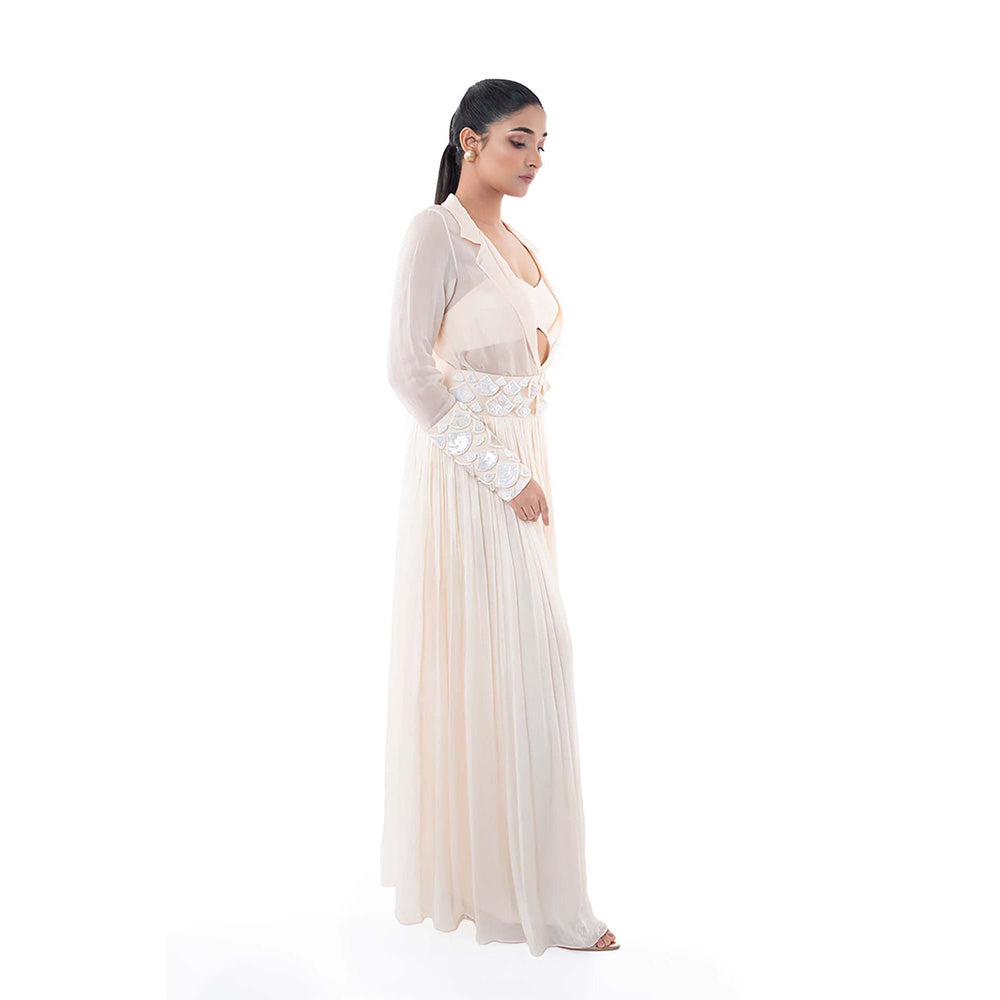 SAYAANIKA Pink Neive Bustier with Shirt and Flared Pant (Set of 3)