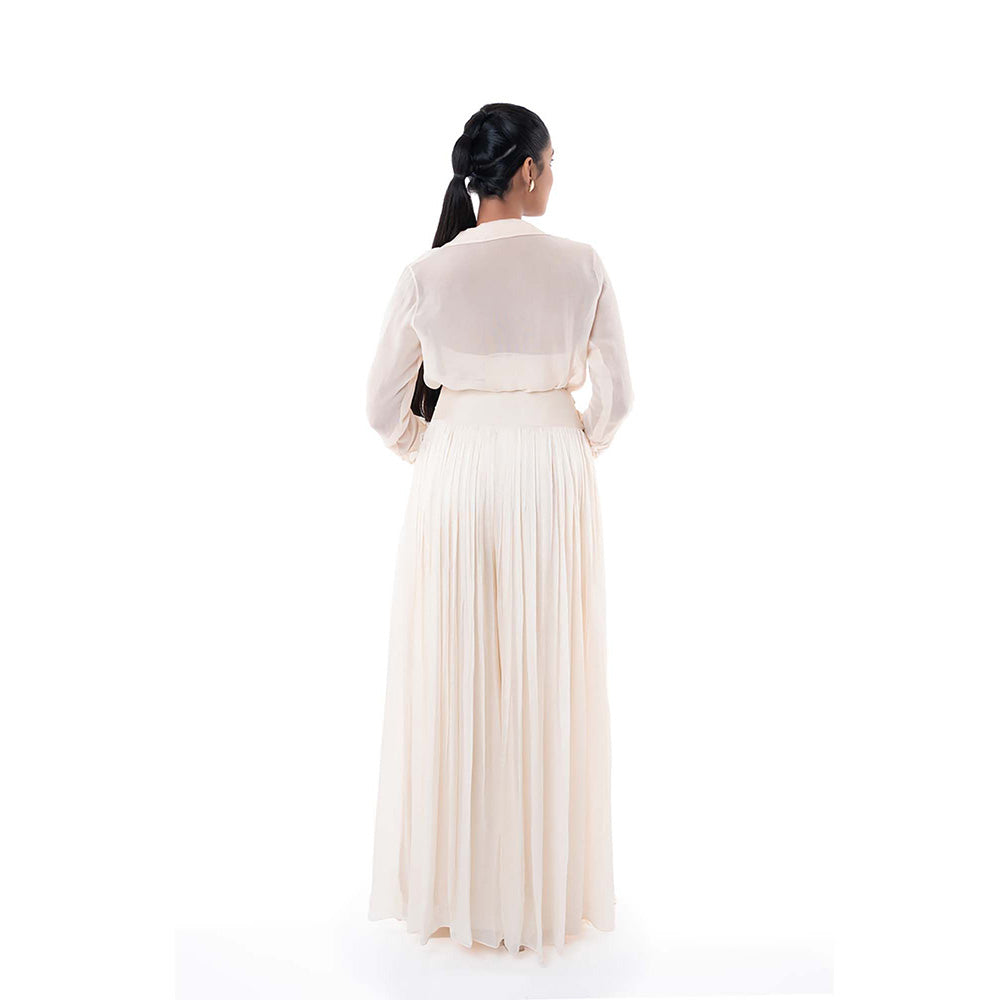 SAYAANIKA Pink Neive Bustier with Shirt and Flared Pant (Set of 3)