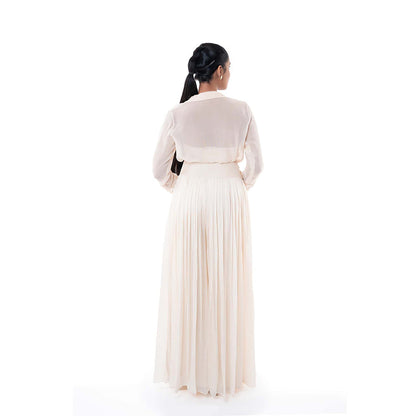 SAYAANIKA Pink Neive Bustier with Shirt and Flared Pant (Set of 3)