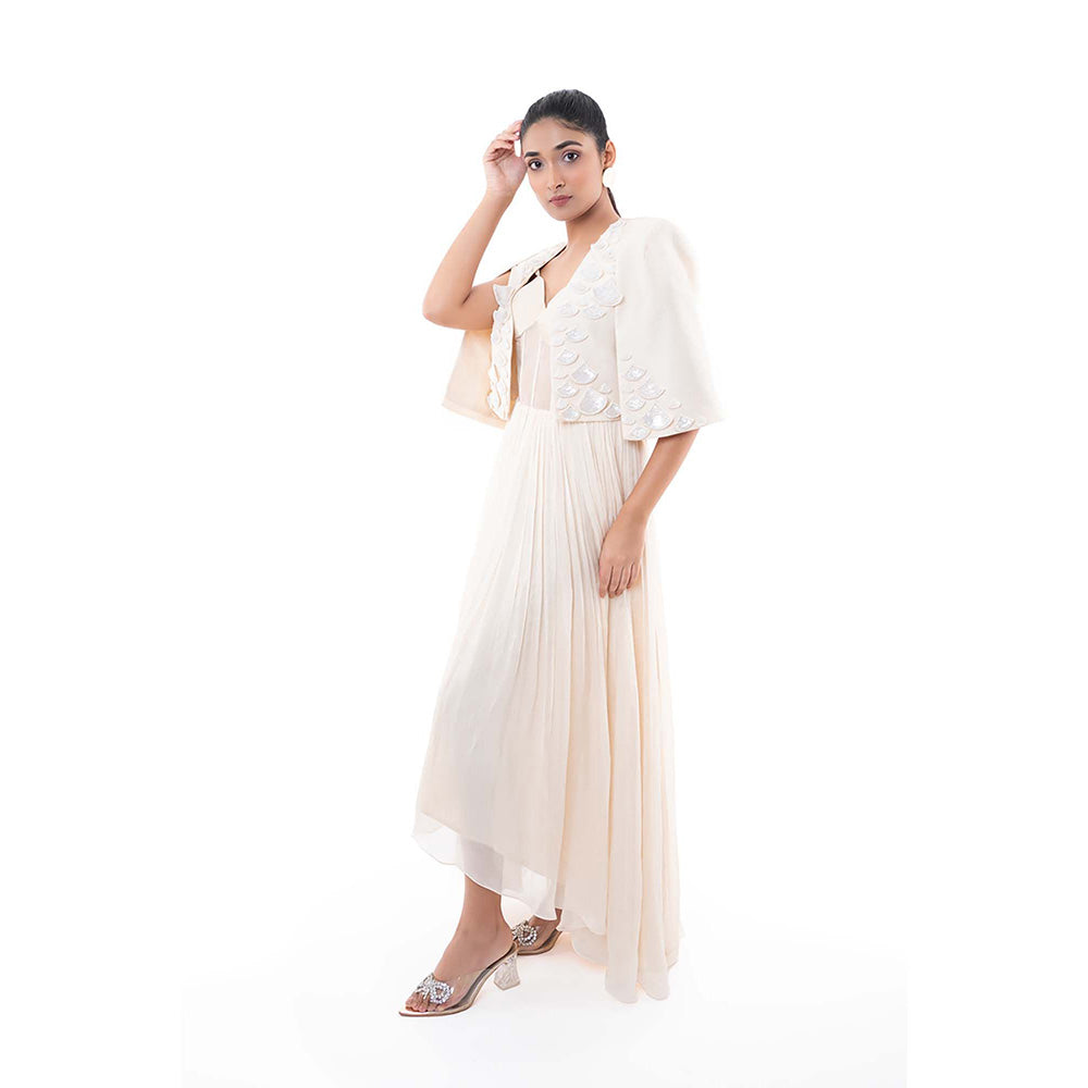 SAYAANIKA White Agate Dress with Crop Jacket (Set of 2)