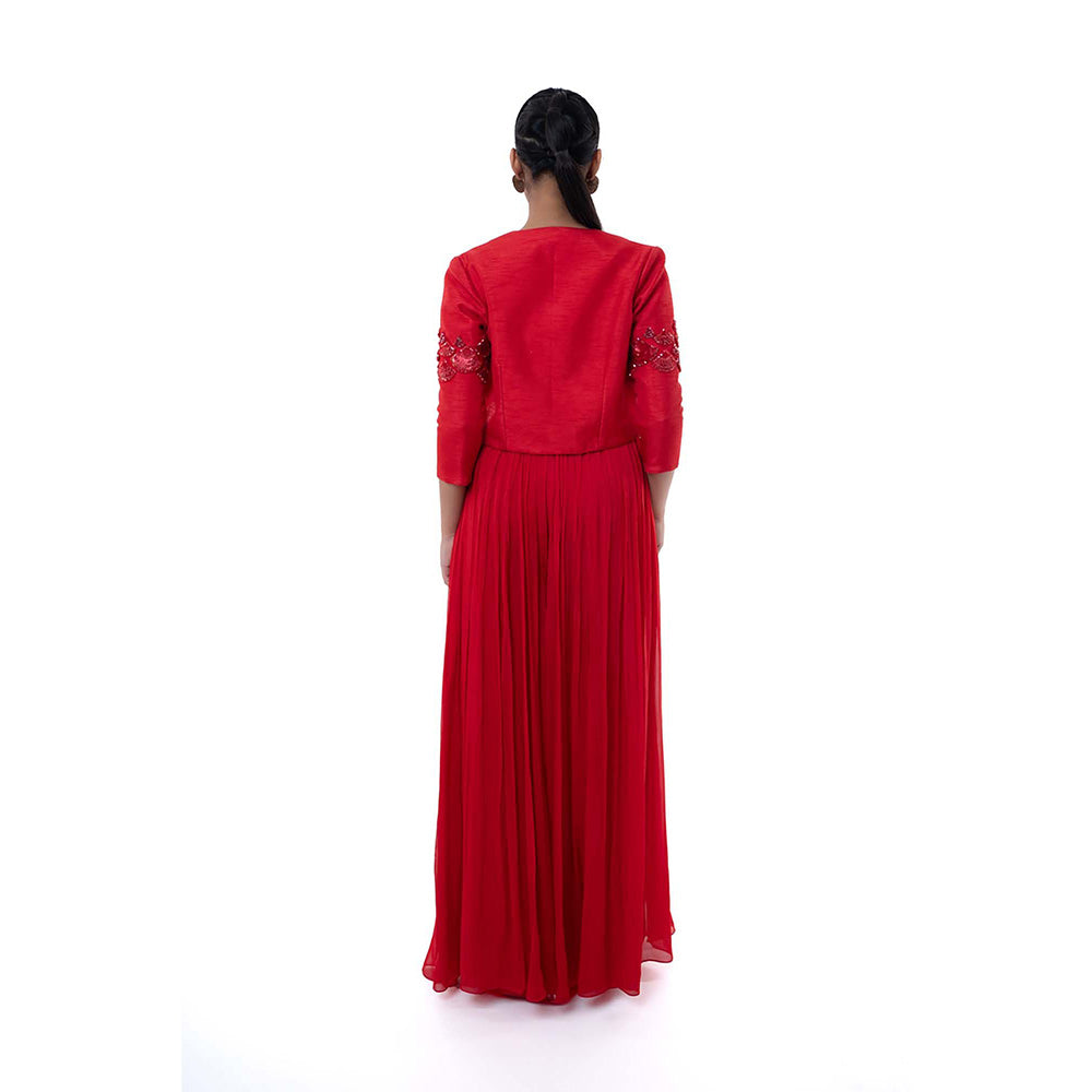 SAYAANIKA Red Rosa Bustier with Crop Jacket and Palazzo (Set of 3)