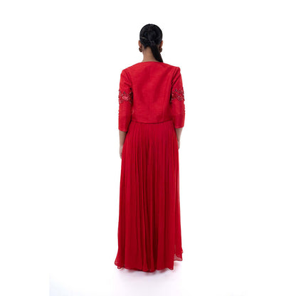 SAYAANIKA Red Rosa Bustier with Crop Jacket and Palazzo (Set of 3)