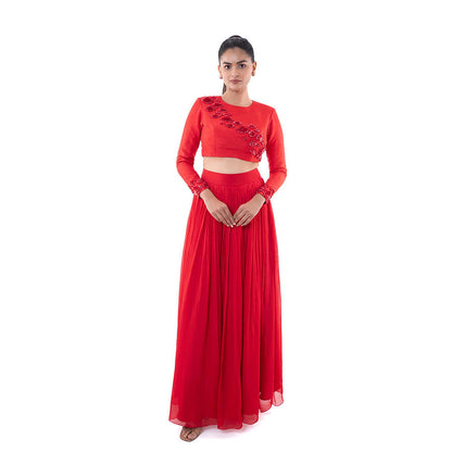 SAYAANIKA Red Rubi Lehenga with Stitched Blouse (Set of 2)