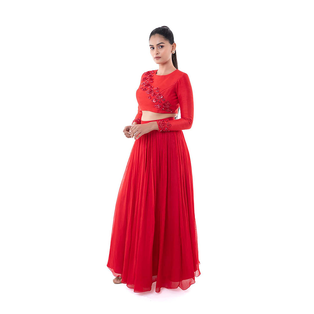 SAYAANIKA Red Rubi Lehenga with Stitched Blouse (Set of 2)
