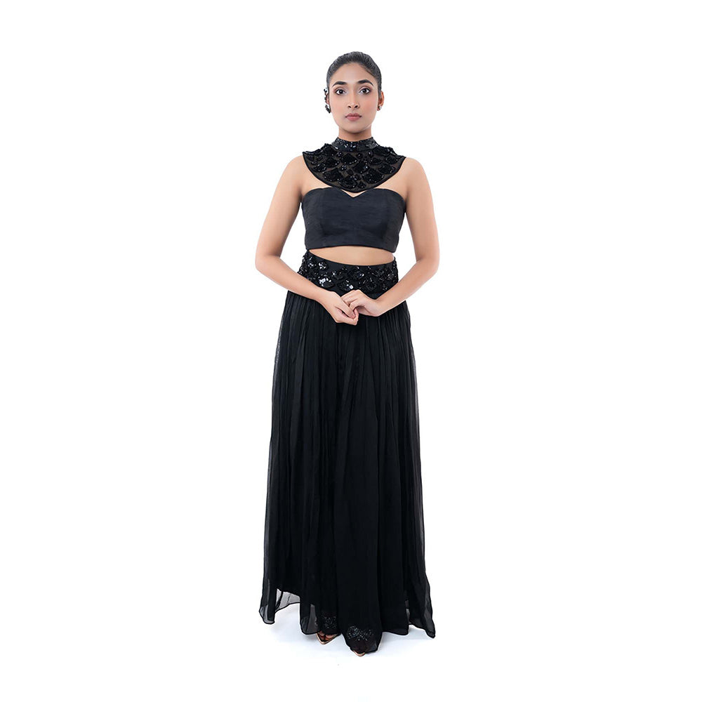 SAYAANIKA Black Noche Bustier with Neck Collar and Palazzo (Set of 3)