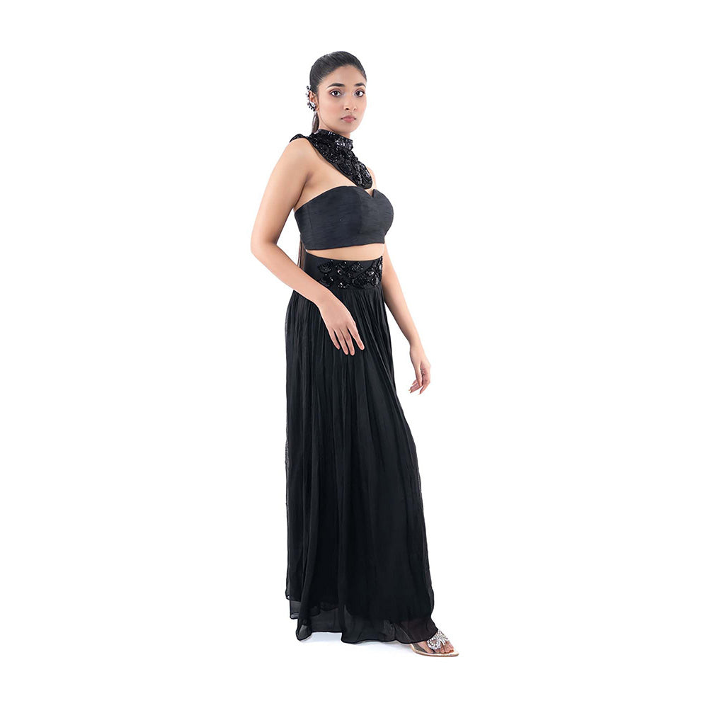 SAYAANIKA Black Noche Bustier with Neck Collar and Palazzo (Set of 3)