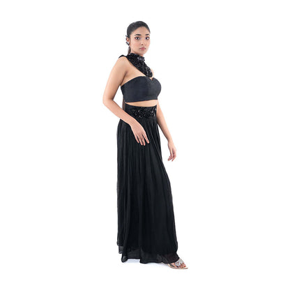SAYAANIKA Black Noche Bustier with Neck Collar and Palazzo (Set of 3)