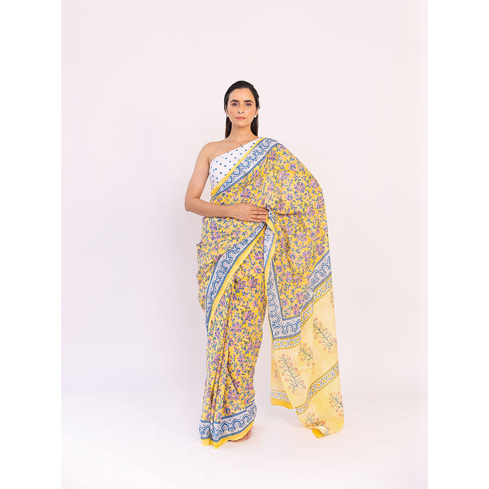 SHAAKHA Yellow Floral Saree with Unstitched Blouse