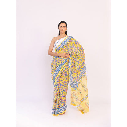 SHAAKHA Yellow Floral Saree with Unstitched Blouse