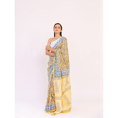 SHAAKHA Yellow Floral Saree with Unstitched Blouse