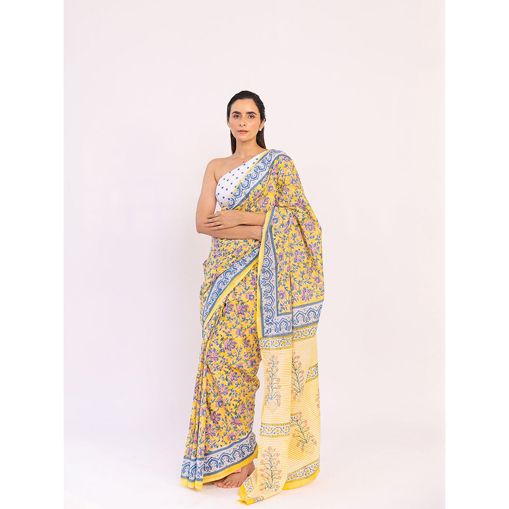 SHAAKHA Yellow Floral Saree with Unstitched Blouse