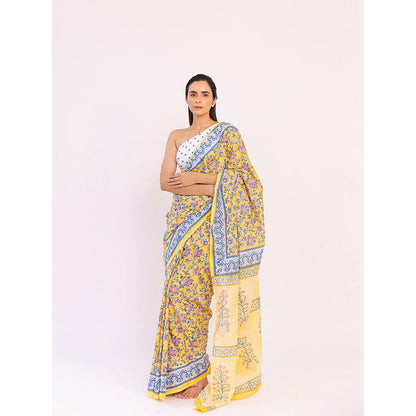 SHAAKHA Yellow Floral Saree with Unstitched Blouse