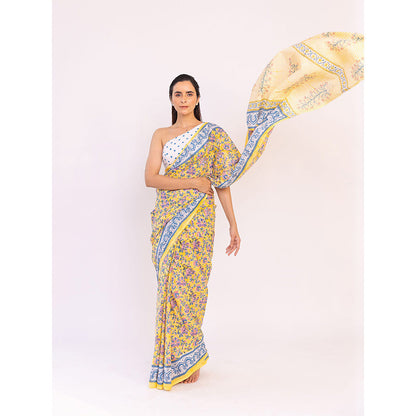SHAAKHA Yellow Floral Saree with Unstitched Blouse