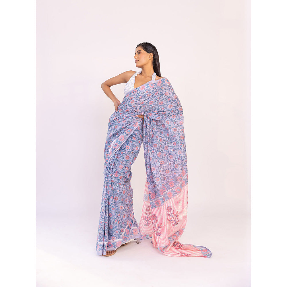 SHAAKHA Blue Floral Saree with Unstitched Blouse