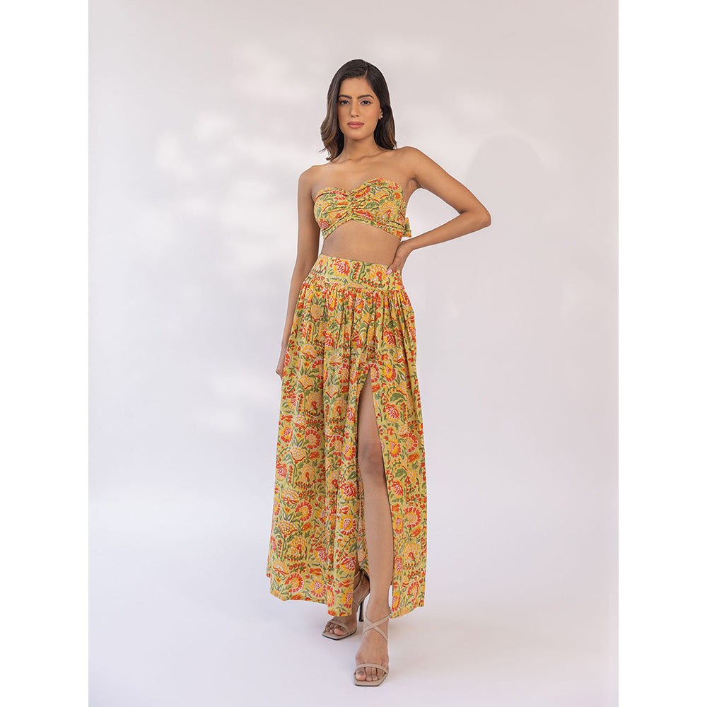 SHAAKHA Mustard Floral Printed Sleeveless Strapless Tube Bandeau With Skirt (Set of 2)