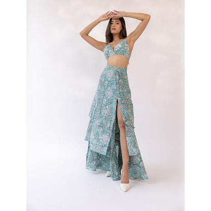 SHAAKHA Turquoise Floral Printed Sleeveless Shoulder Straps Blouse With Skirt (Set of 2)