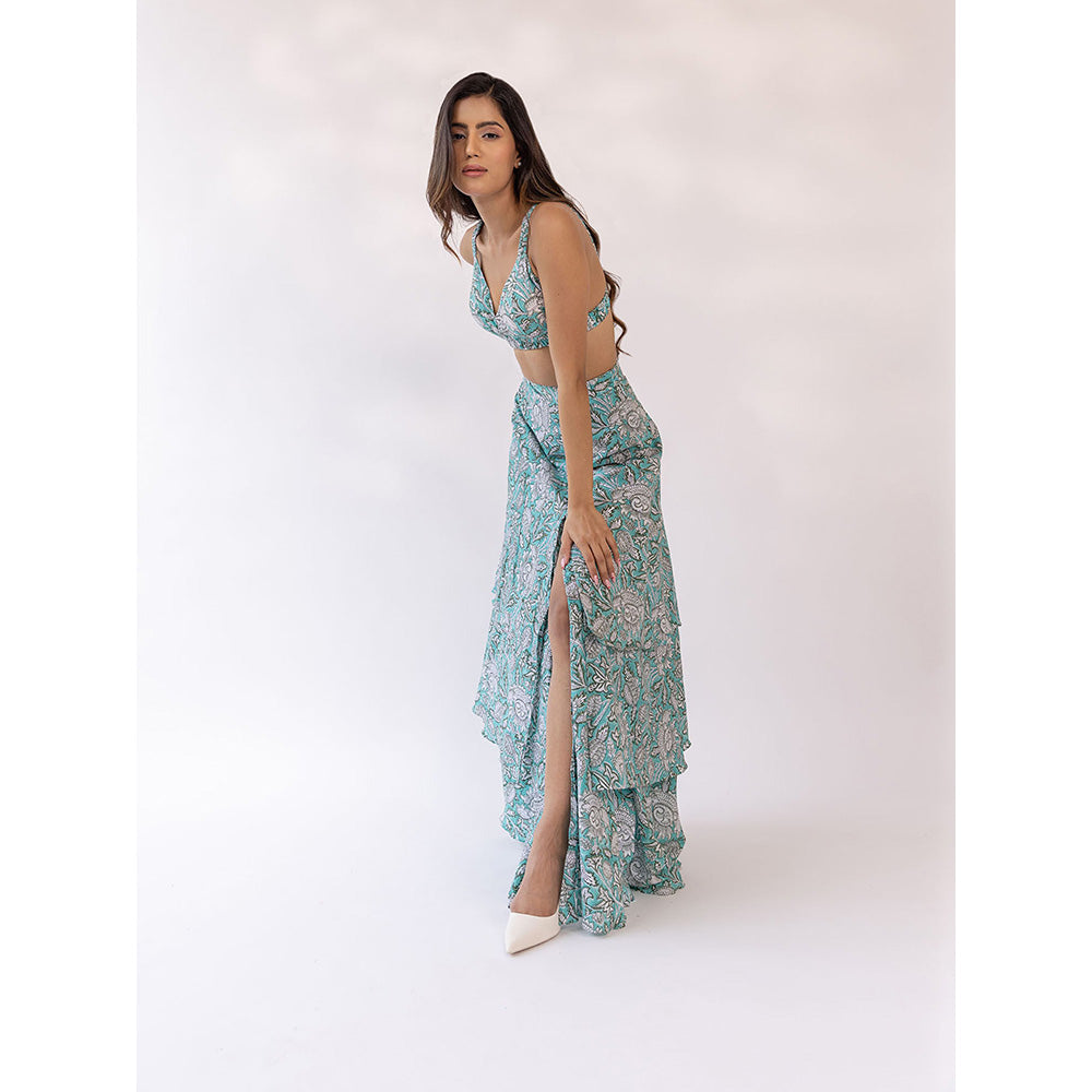SHAAKHA Turquoise Floral Printed Sleeveless Shoulder Straps Blouse With Skirt (Set of 2)