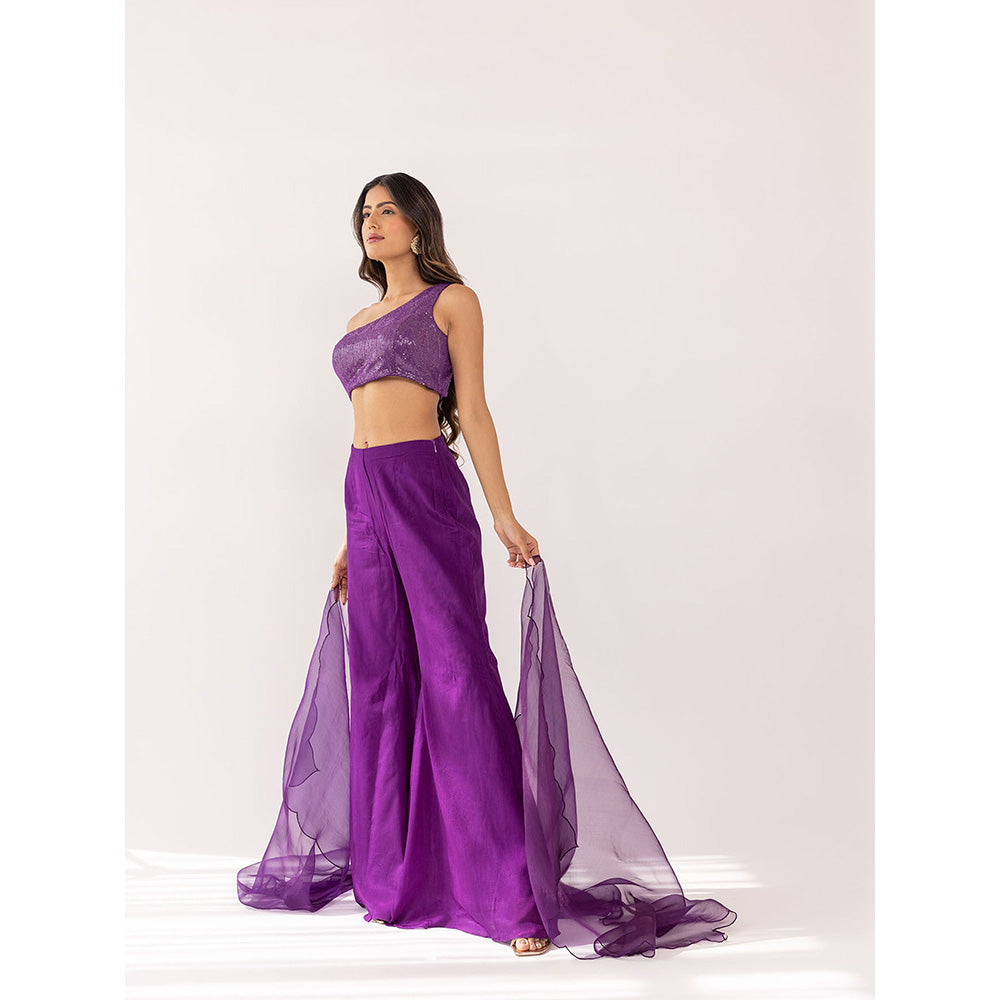 SHAAKHA Purple Sequined Thread Work One Shoulder Crop Top With Palazzo & Dupatta (Set of 3)