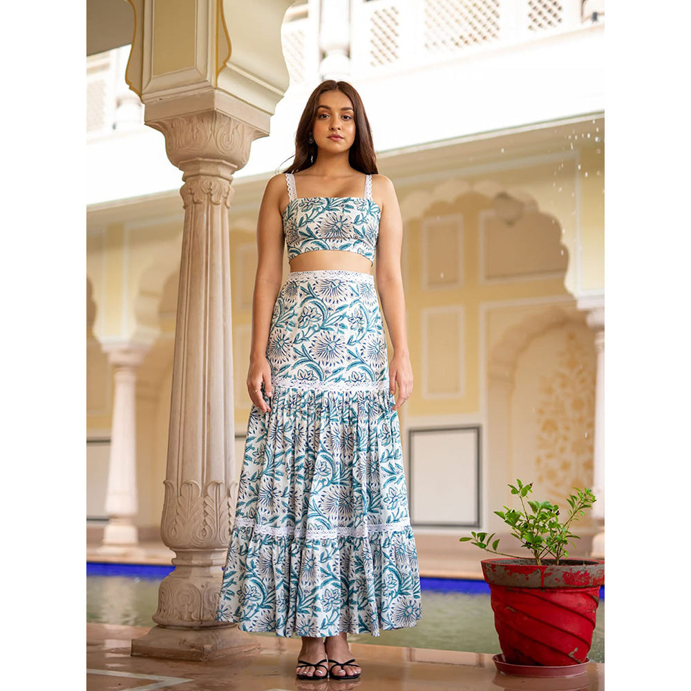 SHAAKHA Blue Floral Printed Sleeveless Shoulder Straps Crop Top With Skirt (Set of 2)