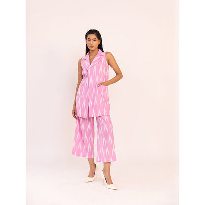 SHAAKHA Pink Printed Sleeveless Notched Lapel Jacket With Pant (Set of 2)
