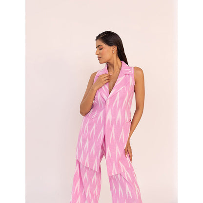 SHAAKHA Pink Printed Sleeveless Notched Lapel Jacket With Pant (Set of 2)