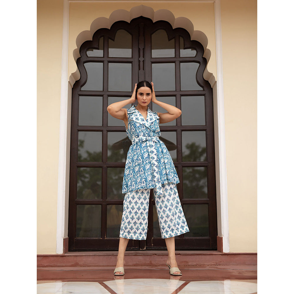 SHAAKHA Blue Floral Printed Sleeveless Notched Lapel Jacket With Pant & Belt (Set of 3)