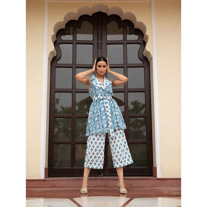 SHAAKHA Blue Floral Printed Sleeveless Notched Lapel Jacket With Pant & Belt (Set of 3)