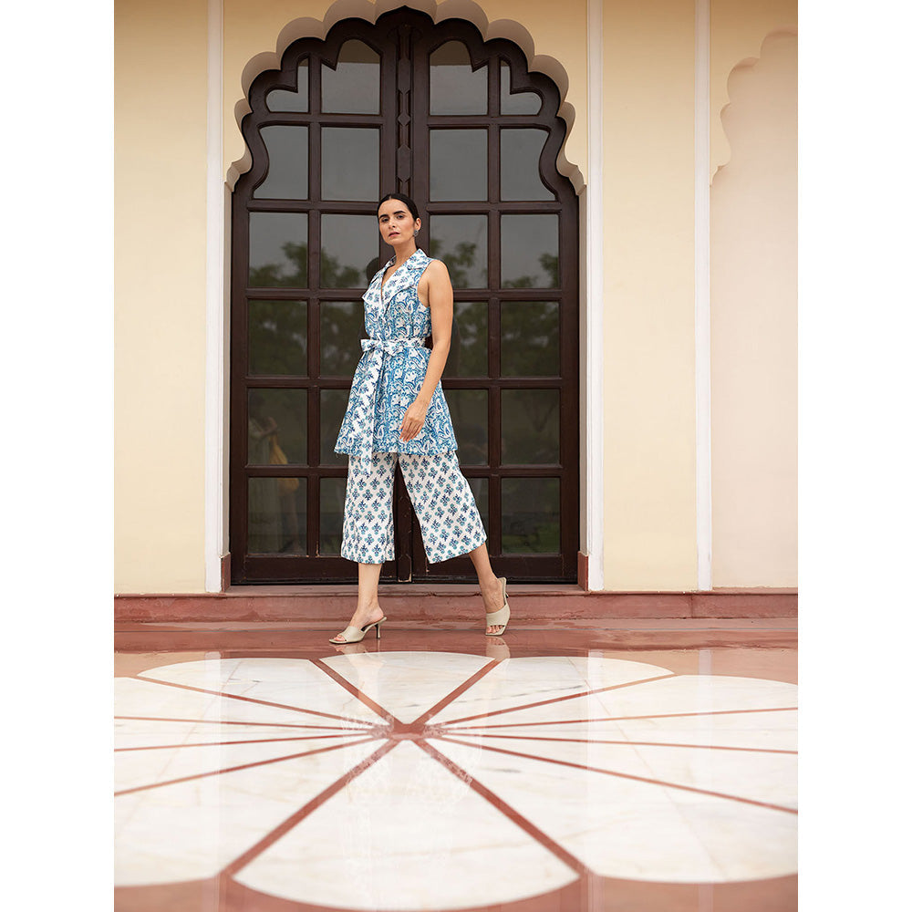 SHAAKHA Blue Floral Printed Sleeveless Notched Lapel Jacket With Pant & Belt (Set of 3)