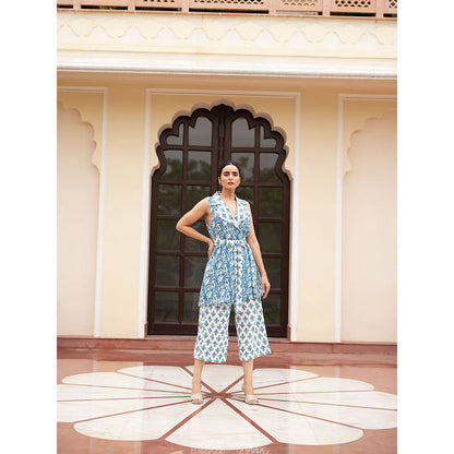 SHAAKHA Blue Floral Printed Sleeveless Notched Lapel Jacket With Pant & Belt (Set of 3)