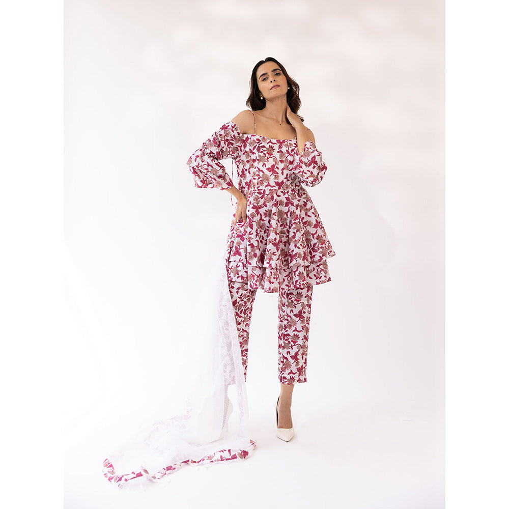 SHAAKHA Pink Floral Three Fourth Sleeves Off Shoulder Kurta With Pant & Dupatta (Set of 3)