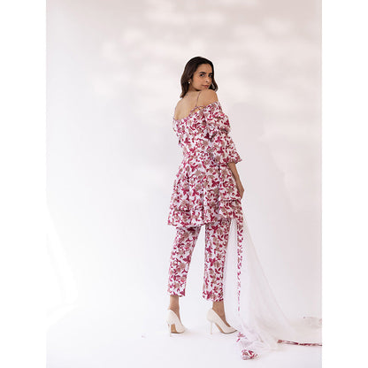 SHAAKHA Pink Floral Three Fourth Sleeves Off Shoulder Kurta With Pant & Dupatta (Set of 3)
